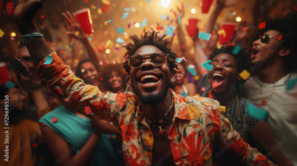 Joyful crowd celebrating with confetti at a lively party. Man in black glasses in front laughing and having fun