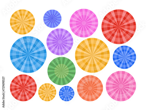 Birthday party paper garlands. Folded paper round decoration, multicolored hanging paper fans, flat vector illustration set. Round paper party decor