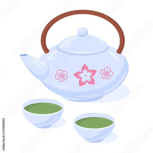 Green tea in teapot. Clay teapot and cups with healthy drink, traditional japanese green tea flat vector illustration. Cartoon green tea leaves beverage