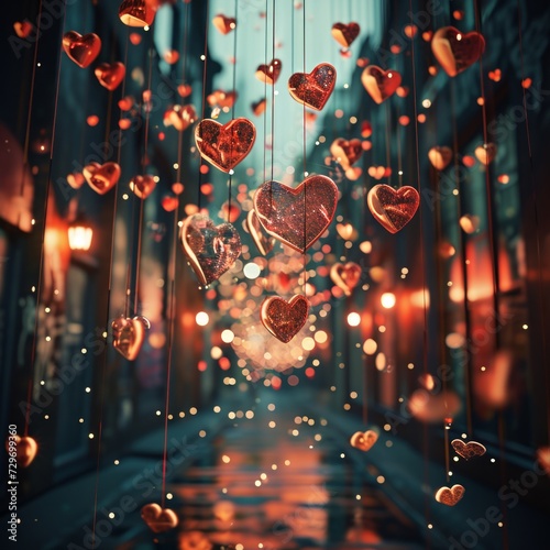 Glowing red hearts on the city street. Valentine's day concept. 3D Rendering