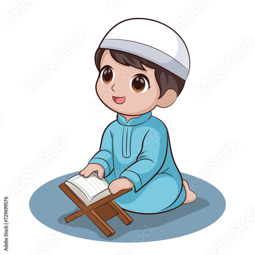 Muslim boy, reading the Koran in the month of Ramadan, wearing Muslim clothing
