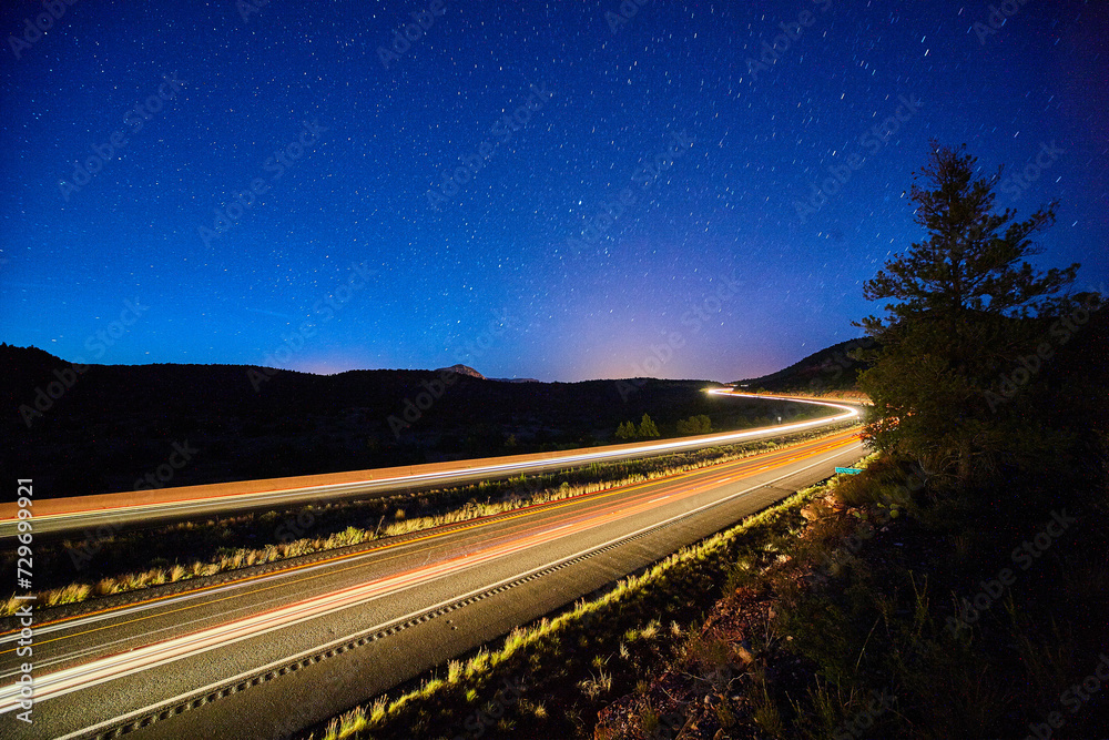 Starry Night over Highway Light Trails, Elevated View - Sedona, Arizona
