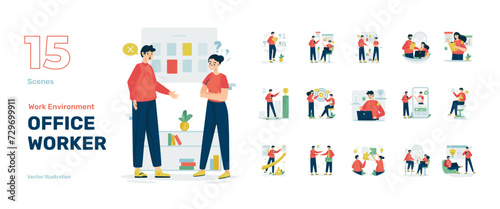 Business office worker environment illustration set