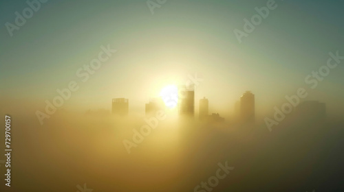 The hazy outline of a city skyline obscured by dense fog with the sun peeking through in the background.