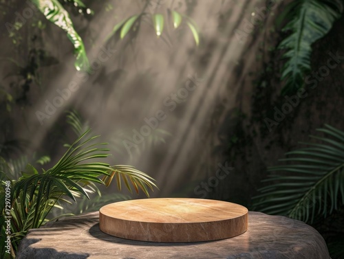 round wooden podium or pedestal for display product cosmetic beauty jewelry. natural minimal luxury design backdrop © zanderdesk