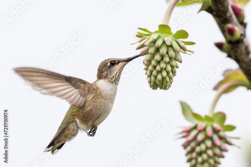 Ruby-throated Hummingbird (archilochus colubris) in flight with a flower photo