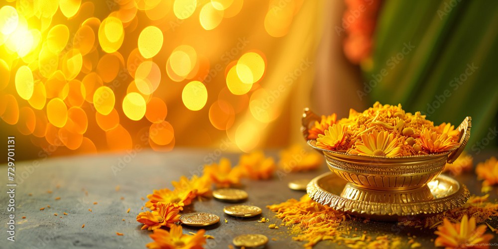 Marigold flowers in traditional Indian pot kalash on orange background with copy space. Hindu Puja. Festival Vishu celebration. Greeting card or banner for holiday Ugadi or Gudi Padwa Hindu New Year
