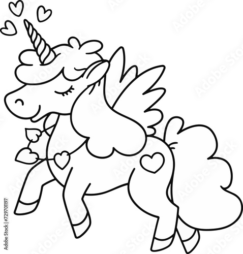 Cute happy valentines day coloring pages with unicorn and hearts for kids