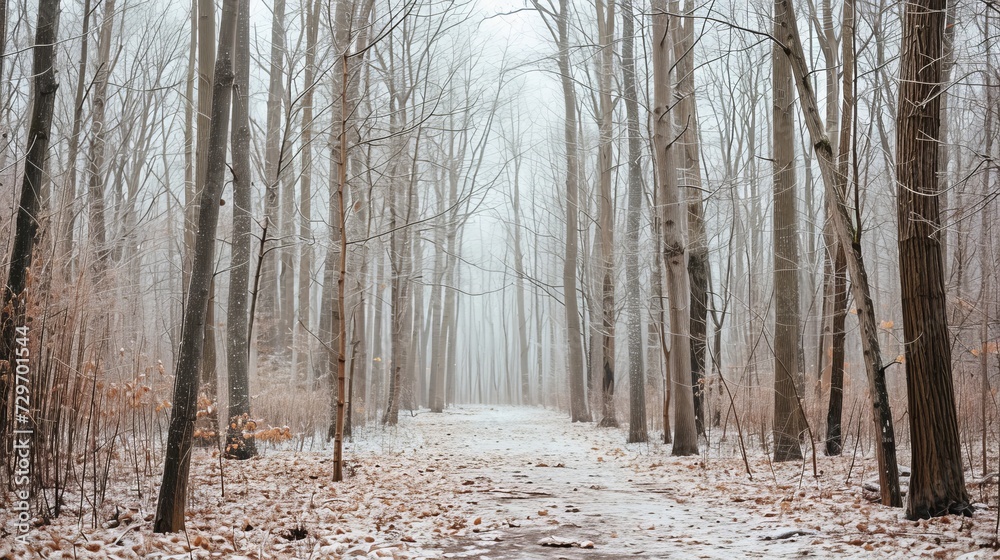 Foggy autumn landscape in the forest with birch trees.