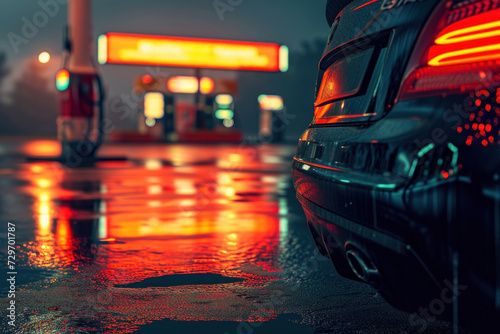 Close up of a gas station at night. The fuel crisis continues and the cost of fuel is going up photo