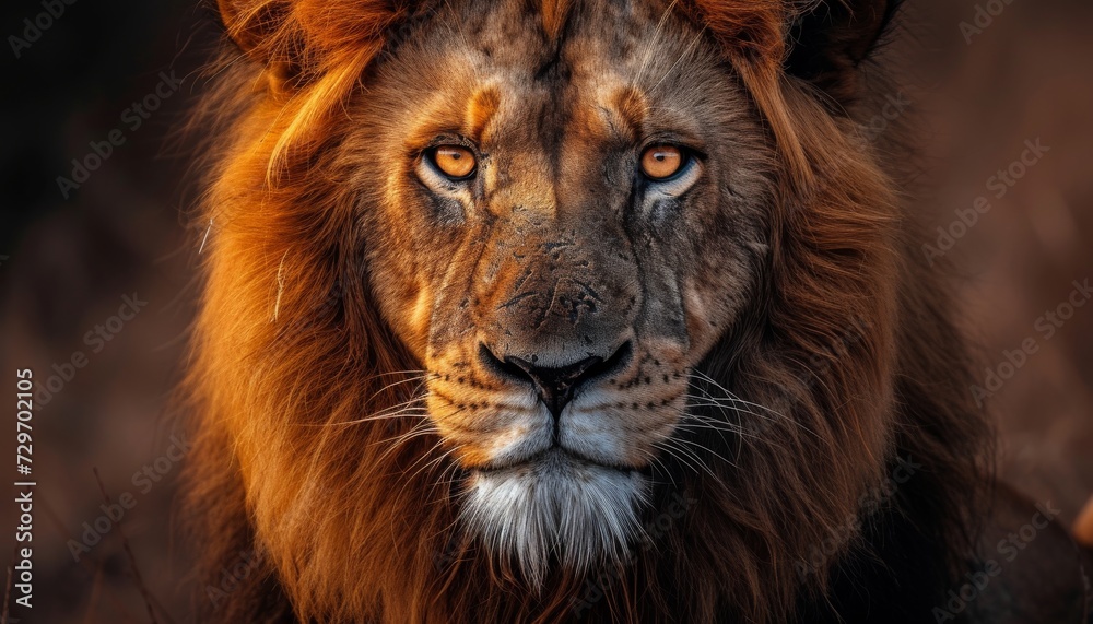 Portrait of a male lion on a black background. Close-up