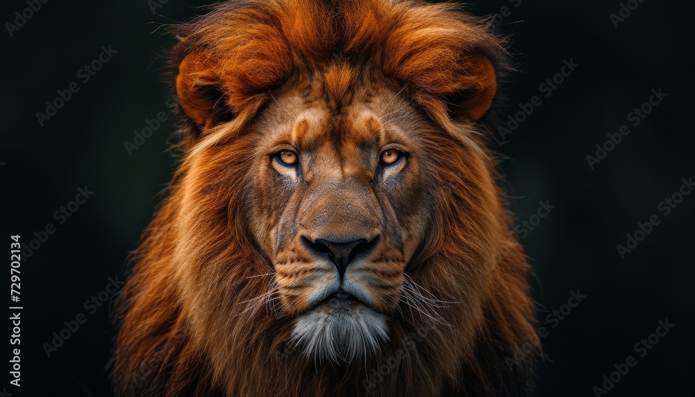 Portrait of a male lion on a black background. Close-up