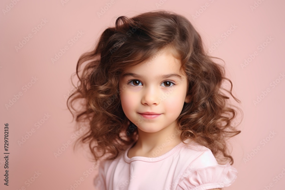 Portrait of a cute little girl with long curly hair on a pink background. Portrait of a cute little girl with long curly hair on a pink background.