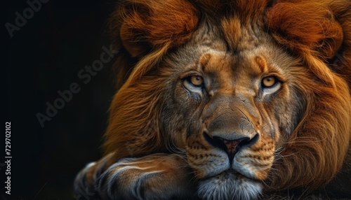 Portrait of a male lion on a black background. Close-up