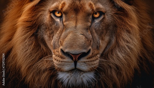 Portrait of a male lion on a black background. Close-up