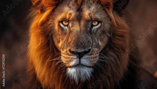 Portrait of a male lion on a black background. Close-up
