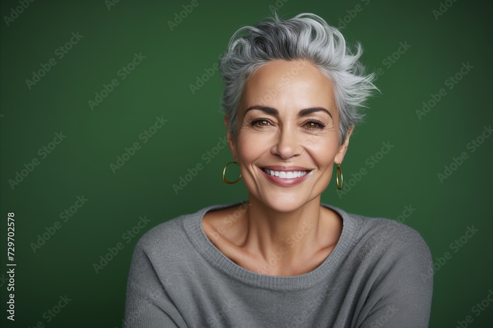Portrait of smiling middle-aged woman with grey hair on green background Portrait of smiling middle-aged woman with grey hair on green background