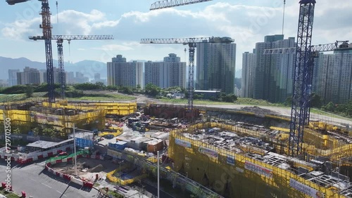 Aerial drone skyview of Hillside Rock Cavern Quarry Development in Anderson Road ,land formation construction housing project in Kwun Tong Sau Mau Ping Tseung Kwan O Kowloon Hong Kong China photo