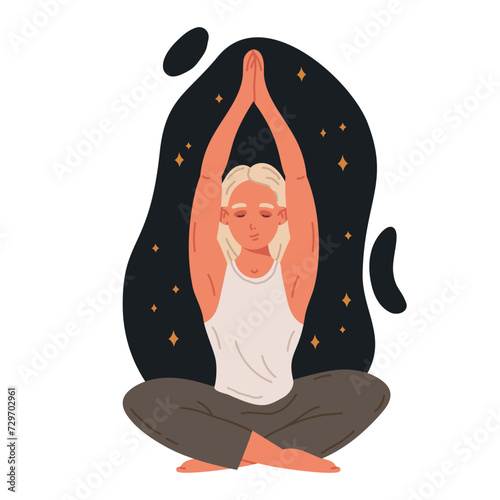 Tranquil woman meditating. Meditating female character sitting in yoga lotus pose, stress relief, meditation and breathing exercise flat vector illustration on white