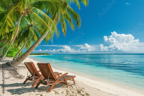 Chairs In Tropical Beach With Palm Trees On Coral Island. Vacation Banner. Relaxing under a palm tree on remote beach