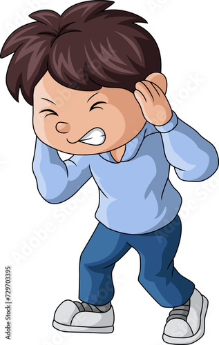 Cute little boy cartoon covering his ears from noisy loud sound 
