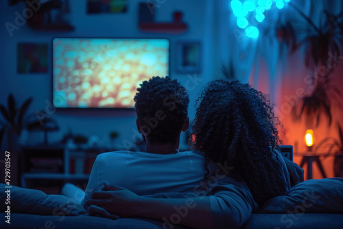 Intimate Couple Enjoying Movie Night at Home in a Cozy Living Room