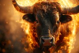 A bull engulfed in flames and radiating an aura of power and ferocity as fire dances around him. Bull concept in brute strength and indomitable energy.