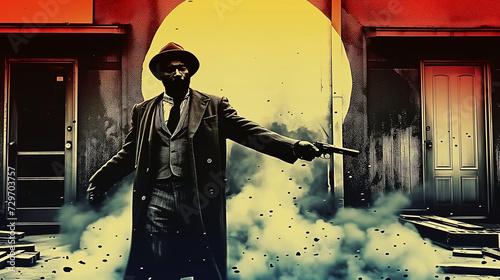 Stylized image of a black man in a fedora pointing a gun with dramatic smoke and a vibrant archway backdrop. photo