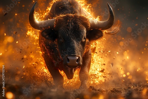 A bull engulfed in flames and radiating an aura of power and ferocity as fire dances around him. Bull concept in brute strength and indomitable energy. photo