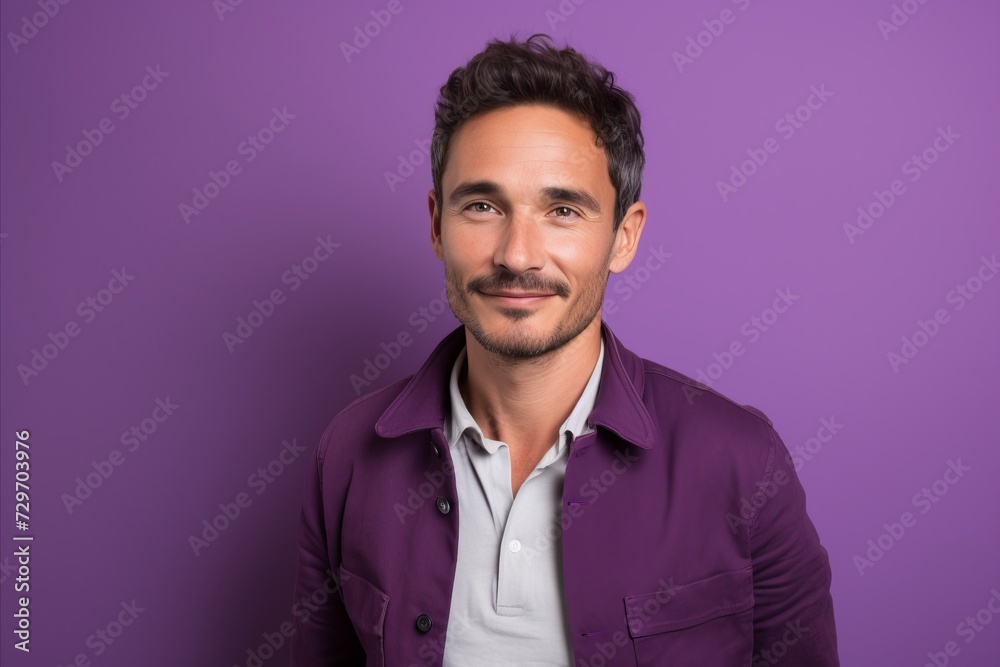 Portrait of handsome young man looking at camera and smiling while standing against purple background