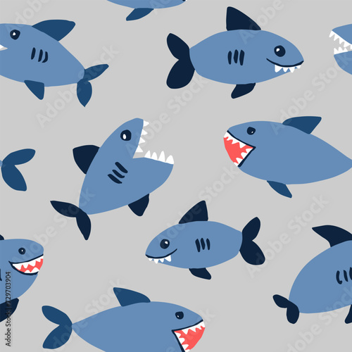 Seamless vector repeat pattern with happy sharks with big teeth on gray background. Coastal, swim, poolside, kids, boys backdrop. Funny socks, young men's underwear and more