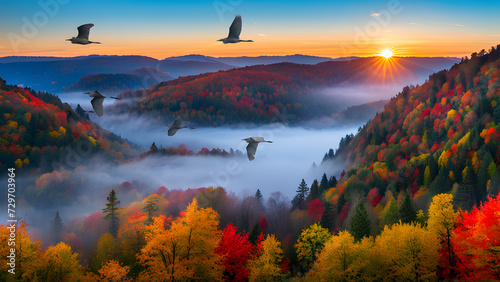 flying bird over the mountain with nice cloud view in a colorful autumn landscape