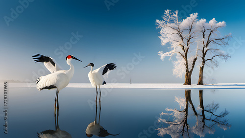 Dancing pair of Red-crowned crane with open wing in flight, with snow storm, Hokkaido, Japan