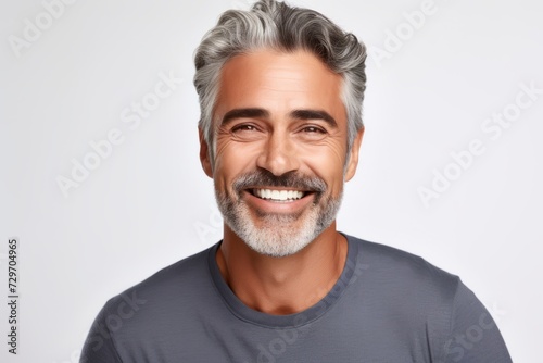 Handsome mature man smiling and looking at camera on grey background