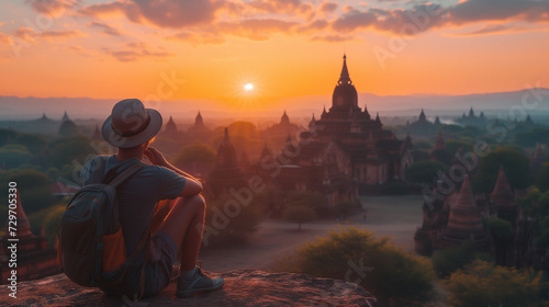 Young girl traveler enjoying a looking at sunset on Bagan, Myanmar Asia
