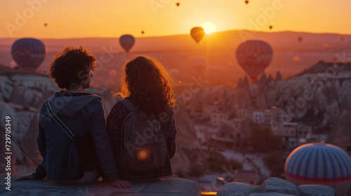 Young couple at sunrise on a rooftop in Cappadocia with hot air balloons in the background. men and woman watching sunrise in Capadocia