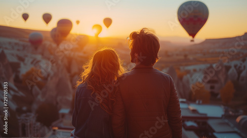 Young couple of men and woman at sunrise on a rooftop in Cappadocia with hot air balloons in the background at golden hour