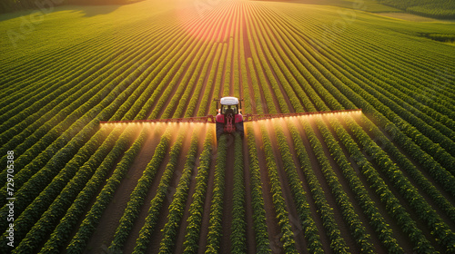 drone view top view from above Tractor spraying pesticides in soybean field during springtime at sunset golden hour