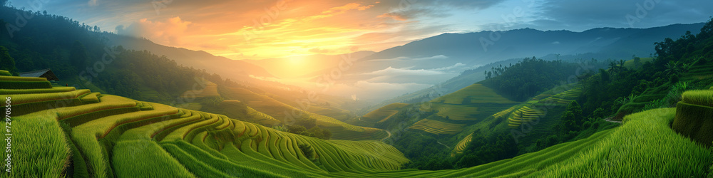 rice field curve terraces at sunrise time, natural background of nature Asia