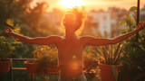 Young latin woman with arms outstretched breathing in fresh air during sunrise at the balcony. Girl enjoying nature while meditating during morning with open arms and closed eyes. 