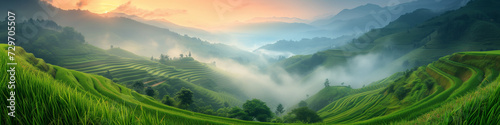 rice field curve terraces at sunrise time, the natural background of nature Asia, rice paddy field in the mountain with fog at sunrise © Fokke Baarssen