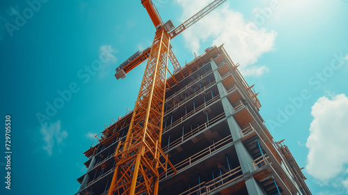 A crane at a construction site hoisting heavy materials onto a high-rise building construction site