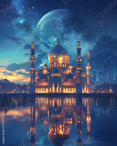 Beautiful night view of a mosque with a sky full of stars and the moon shining bright  celebrating various Islamic holidays