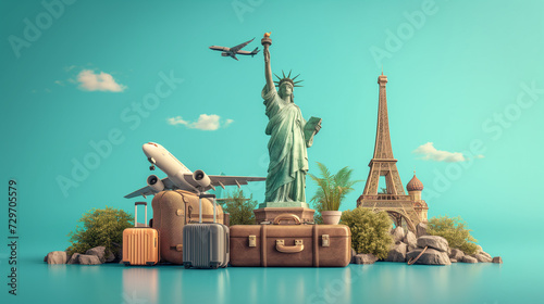 Illustration Travel Concept with Plane, Famous Landmark World, and Traveling luggage, blue background