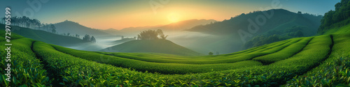 Green tea plantation at sunrise time, natural background, curved green tea plantation
