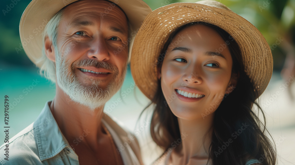 a European white man and an Asian woman mid age on a tropical beach, caucasian men enjoying is pension in Thailand