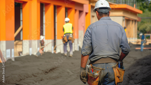 A professional construction worker walks through a housing development under construction, a working day in the construction industry. Urban infrastructure development in the city.