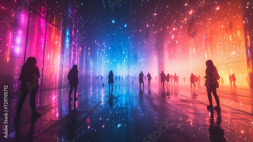 Portrait of amazed young woman in a VR headset explores the metaverse's virtual space. Gaming and futuristic entertainment concept, Man uses metaverse technology in an industrial setting. Neon
