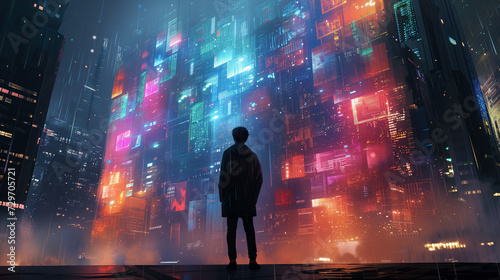 Portrait of amazed young woman in a VR headset explores the metaverse's virtual space. Gaming and futuristic entertainment concept, Man uses metaverse technology in an industrial setting. Neon