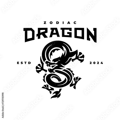 Chinese dragon emblem logo design. Dragon silhouette badge vector